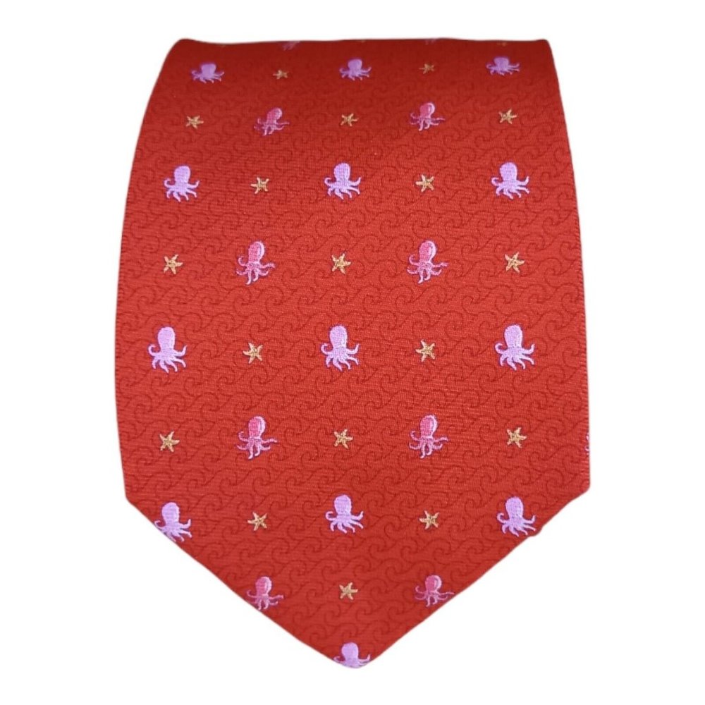 BATTISTONI BAT 1551 Red Octopus Silk Tie HANDMADE ITALY 61"/ 3.5" EC
